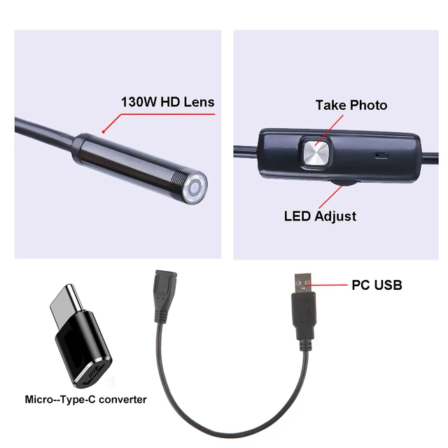 Mini Endoscope Camera Waterproof Endoscope Borescope Adjustable Soft Wire 6 LEDS 7mm Android Type C USB