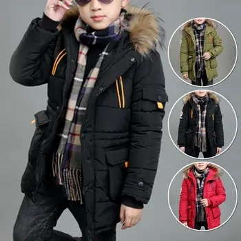 

Winter Kids Boys Hooded Puffer Coat Warm Jacket Faux Fur Outerwear Overcoat Solid Color Fashionable Leisure Style