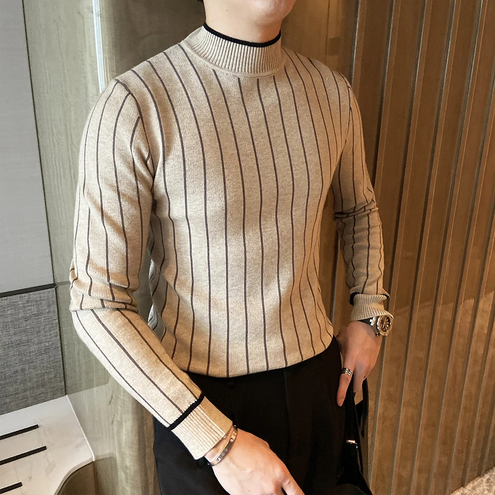 

2021 Winter Men's Turtleneck stripe Sweaters Thick Warm High Neck Sweater Mens Sweaters Slim Pullover Men Knitwear Male Sweater