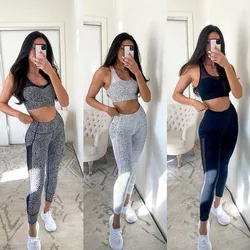 Women 2 Two Piece Yoga Set Print Mesh Gym Clothing Workout High Waist Sport Outfit Active Bra Trousers Elastic Dancing Tracksuit