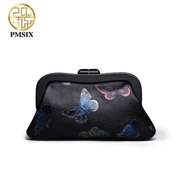 

Pmsix Genuine Leather Women Clutch Butterfly Embossing Purse Evening Bag Party Wedding Cutchs 2020