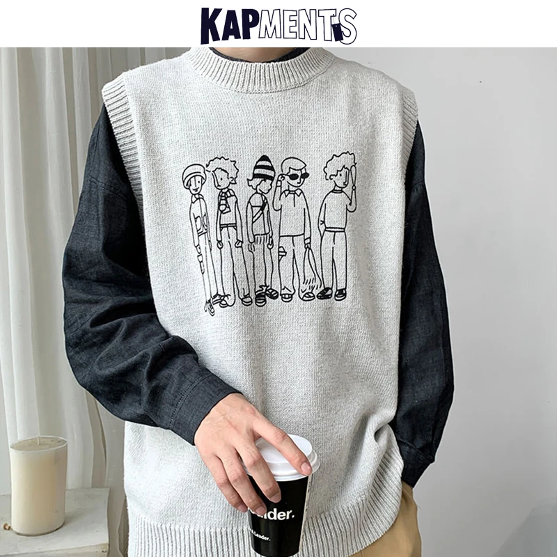 Harajuku Sweater Vest Knitted MEN Vintage Male Winter Streetwear Cartoon Loose Japanese