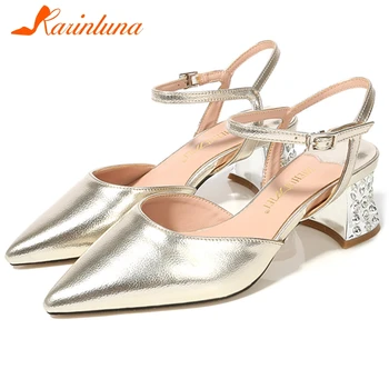 

KARINLUNA Sweet Dating Heeled Sandals Fashion Shallow Pointed Toe Women Sandals New High Chunky Heels Metallic Women Shoes