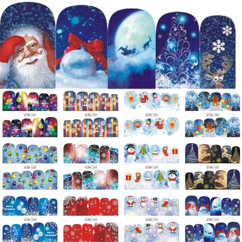 12 шт. зимние рождественские наклейки для ногтей водные наклейки Санта Клаус Снеговик Полный Обертывания для нового года маникюр декор советы LABN1381-1392