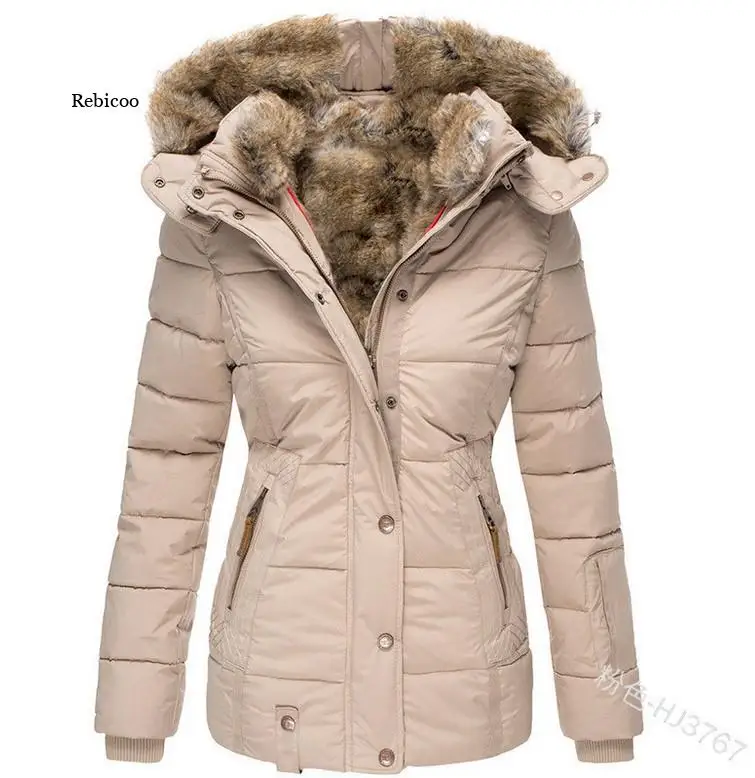 

Women's Cotton Padded Jackets Winter Casual Fur Collar Long Sleeve Slim Solid Color Cotton Jacket Hooded Top Warmness