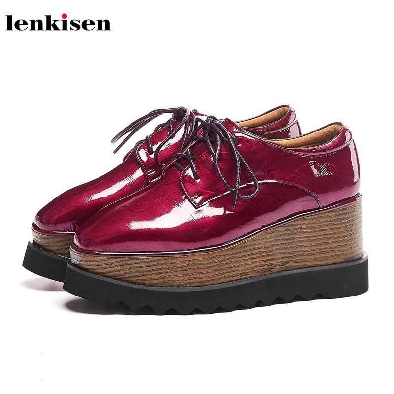 

Lenkisen new genuine leather lace up square toe high heels thick bottom waterproof preppy style beauty lady vulcanized shoes L31