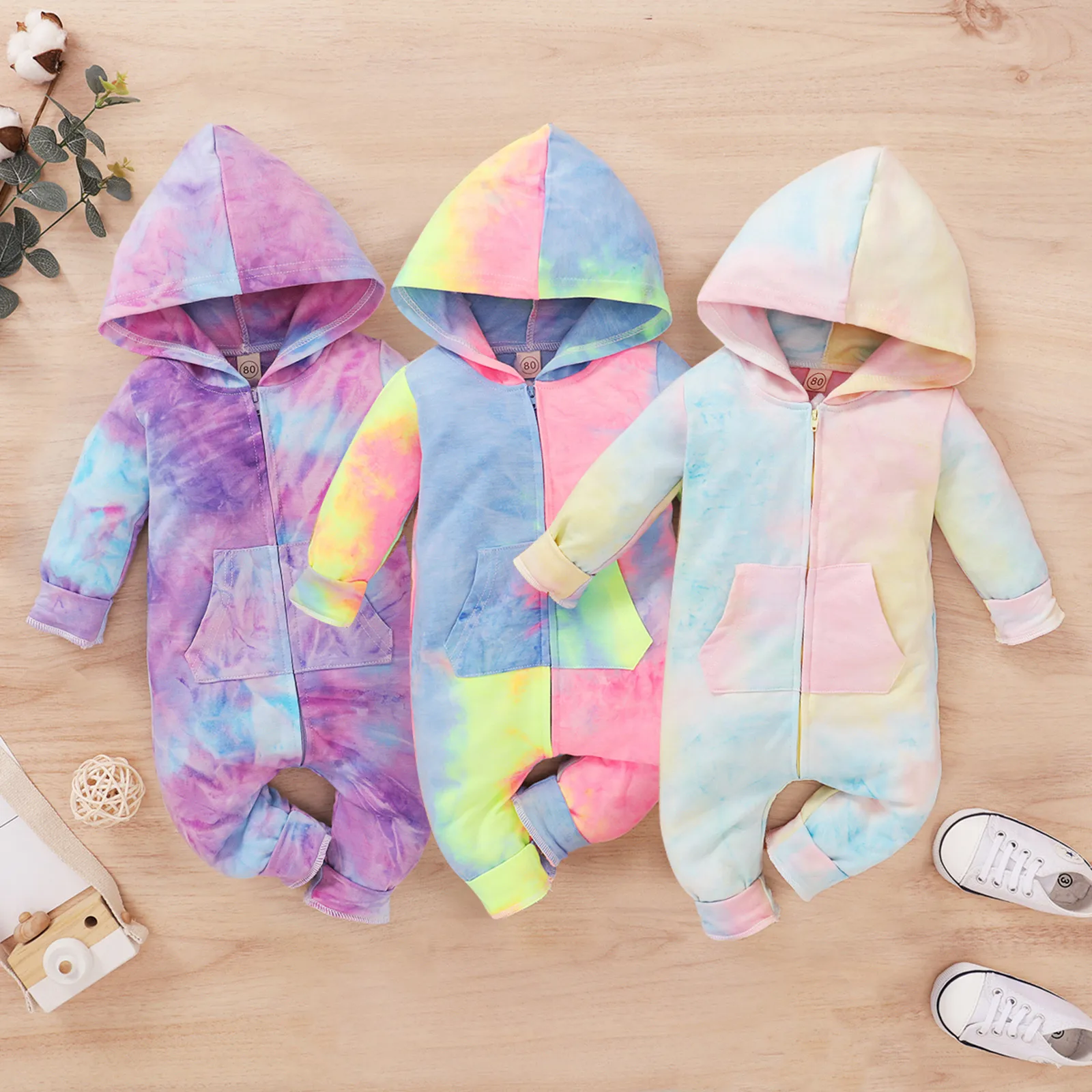

2020 Children's camouflage hooded romper Colorful Toddler Baby Boys Girls Long Sleeve Rainbow Tie-Dyed Hoodie Romper Jumpsuit Y4