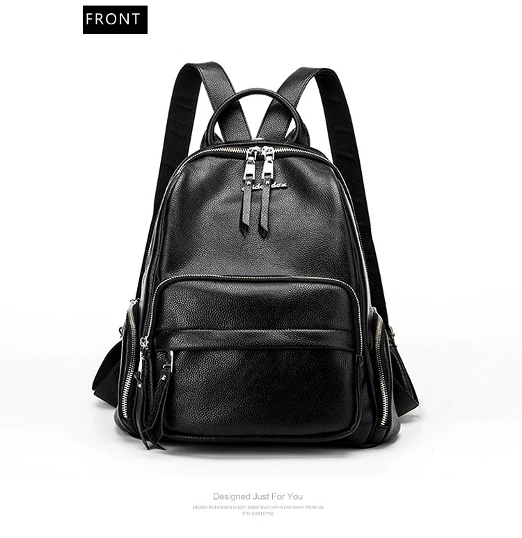 Double zipper Women Backpack Retro Black Ladies Large Soft Real Leather Backpacks Purse 15 inch Casual Girls School knapsack Bag (9)