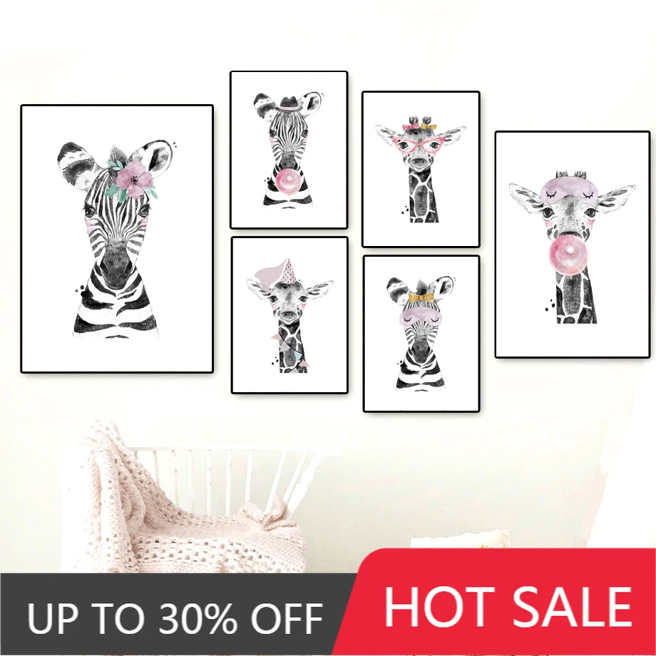 Черный белый цвет мультфильм Животные зеброй и жирафом Wall Art Холст Картина Nordic