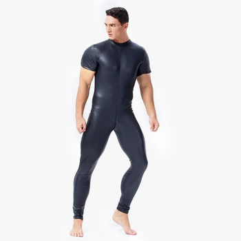 

Men Sexy wetlook Faux Leather Catsuit PVC Latex Bodysuit Gay Zipper Open Crotch Clubwear fetish hot erotic Pole Dance Lingerie