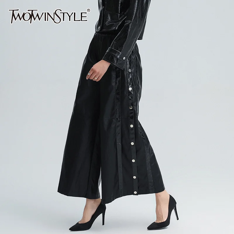 

TWOTWINSTYLE Casual PU Full Length Pant For Women High Waist Patchwork Loose Black Wide Leg Trousers Female 2020 Autumn Clothing