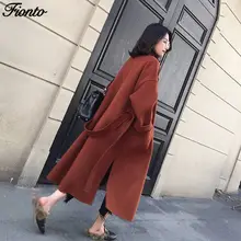 FIONTO Новая мода Женское шерстяное пальто утолщенное с длинным рукавом средней длины с отложным воротником открытый передний пояс для парки Пальто CA2326/5