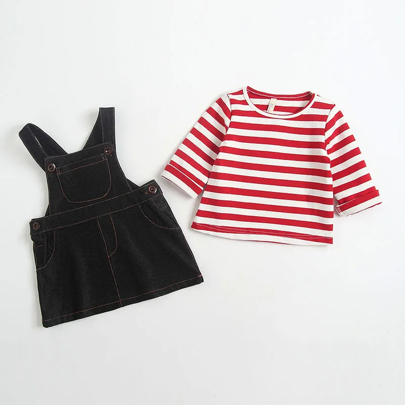 

Idea Childrenswear 2018 Spring New Style GIRL'S Suit Strap Dress Baby Stripes Two-Piece Set Korean-style Spring Clothing 6068