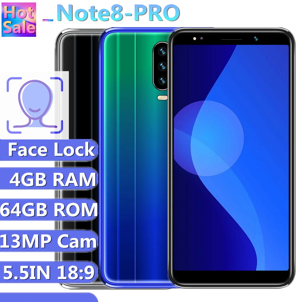 Mobile Phones Note 8 Pro Cellphones 13MP 4GB RAM 64GB ROM 5.5Inch 18:9 Screen Smartphones Android Face unlocked Phones