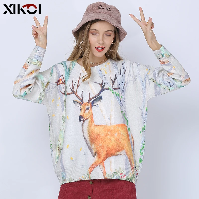 

XIKOI 2019 New ELK Print Sweaters Women Winter Knitted Pullover Women O-Neck Casual Loose Oversized Jumper Knitwear Pull Femme
