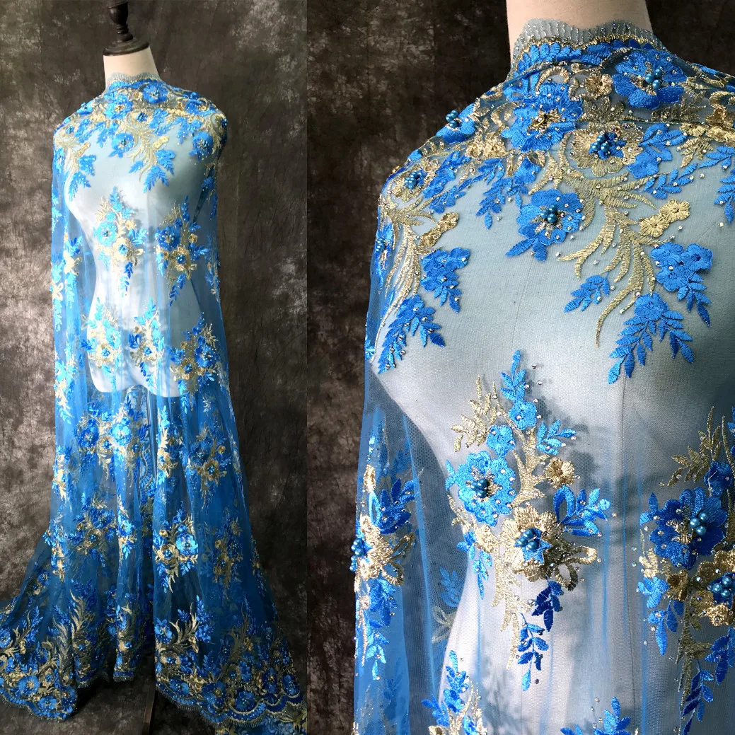 Lake blue sky pearl hot diamond gold thread heavy industry lace mesh yarn embroidery flower fabric wedding dress | Дом и сад