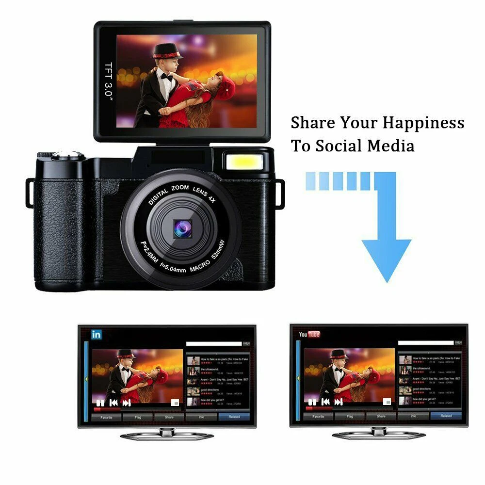 2.7K Full HD Digital Camera D1 3.0'' 24MP Photographic Camera 4x Zoom Rotating Screen Professional EIS Video Camera w/h YouTube digital camera for photography