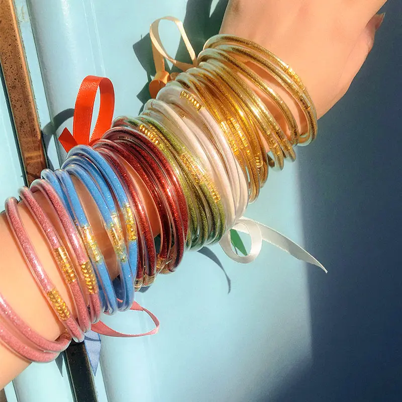 12 Girls Multi-Coloured Glitter Jelly Bangles Bracelets