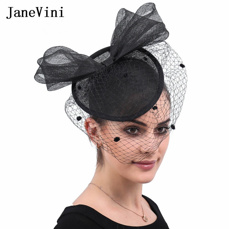 JaneVini New Elegant Women Cocktail Fascinator Hats Formal Bridal Wedding Fancy Party Black Bow Lace Veil Headpiece Bonnet Voile classic birdcage wedding veil white ivory rhinestone beads cage veil evening party voile mariage вуаль на лицо