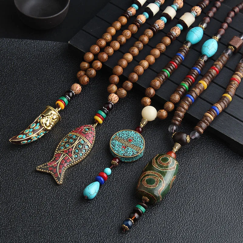 #*Cheap 2019 New Handmade Nepal Necklace Buddhist Mala Wood Beads Pendant amp; Necklace Ethnic Horn Fish Long Statement Jewelry Women Men