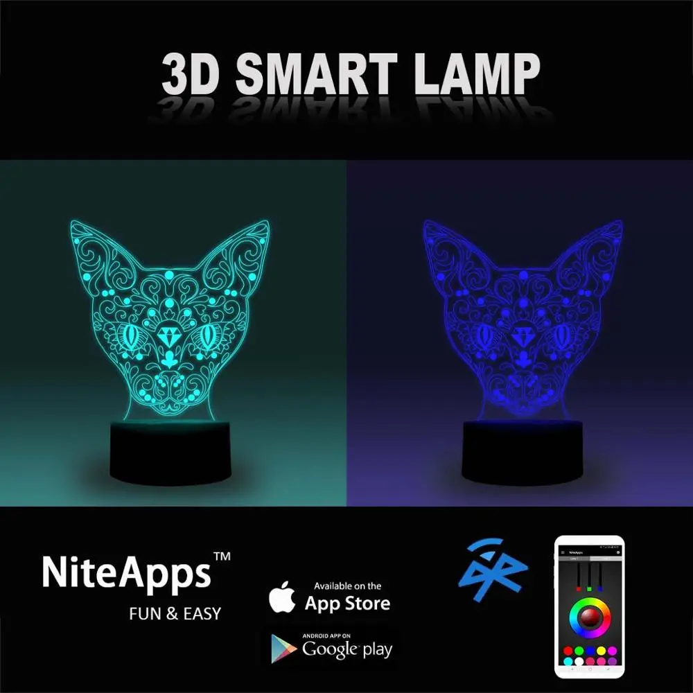 NiteApps 3D художественный Кот ночник настольная Иллюзия украшение лампа подарок на день рождения приложение/сенсорное управление