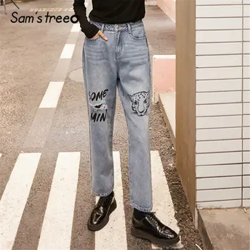 

SAM'S TREE Blue Solid Tiger Print Ripped Washed Jeans Women 2020 Spring New Letter High Waist Casual Ladies Daily Trousers