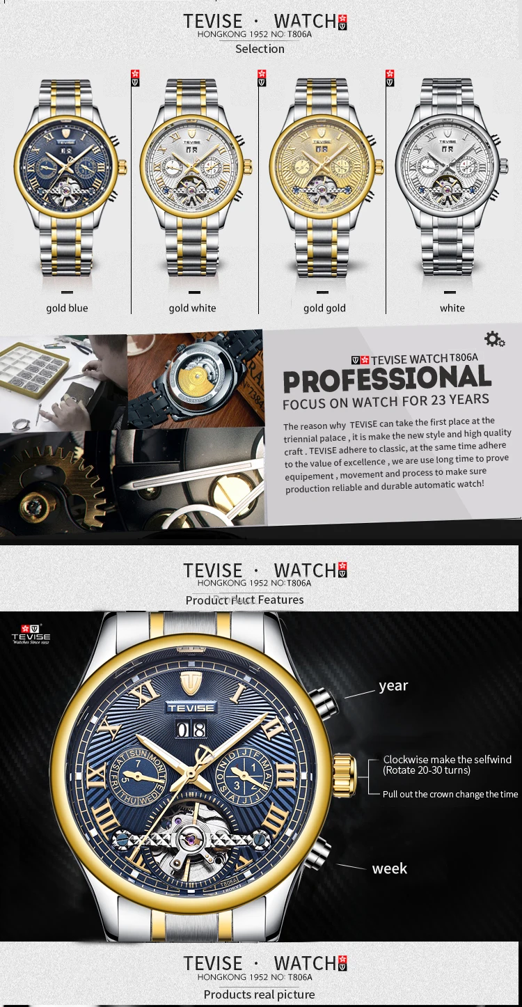 Топ бренд Tevise, роскошный Автоматические Мужские механические часы модные Tourbillon спортивные военные многофункциональные водонепроницаемые наручные часы