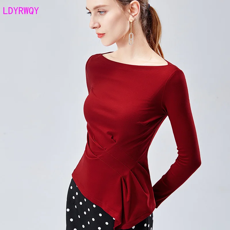

2019Korean version autumn women's one-shoulder temperament fashion inside long-sleeved irregular hem pendulum t-shirt female