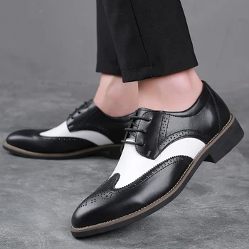 

Men Business Shoes PU Shallow Breathable Lace Up Pointed Toe Mixed Color Male Casual Shoes Low Heel Sewing