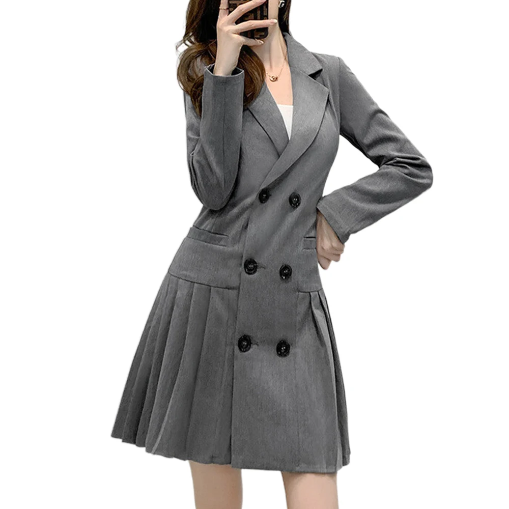 

Autumn spring dresses women's pleated suit skirt female slim fit gothic boho midi vintage dress gray long sleeve short skirt