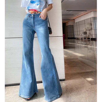 

Cosmicchic 2020 Spring Woman Denim Jeans Casual Boot Cut Pant Jeans Straight Line Flare Jeans B Embroidery Wide Leg Trousers
