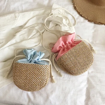 

Summer Women Summer Straw Bag Drawstring Woven Ladies Shoulder Beach Holiday Purse Contrast Color Drawstring Bucke Woven Bag