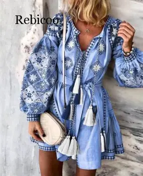 

Elegant Chiffon Boho Style Dress Women Print V-Neck Dresses Plus Size Tassel Hollow Out Long Sleeve Mini Dress Beach Vestidos
