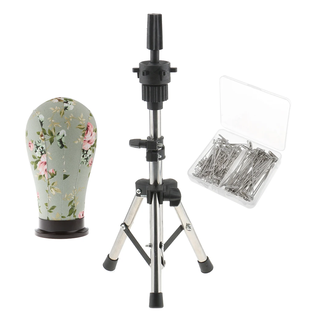 

21’’ Cork Canvas Block Head Wig Styling Mannequin Head + Stand Tripod + T Needle Pins for Wigs Making Styling