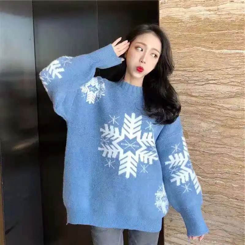

Casual Christmas Snowflake Ugly Sweater Autumn And Winter Chic Laziness Mock-Neck Loose -Fit Versatile Pullover Long-sleeve