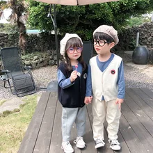 Детский жилет в Корейском стиле; сезон осень-зима детский вязаный жилет-кардиган с v-образным вырезом и рисунком для мальчиков и девочек