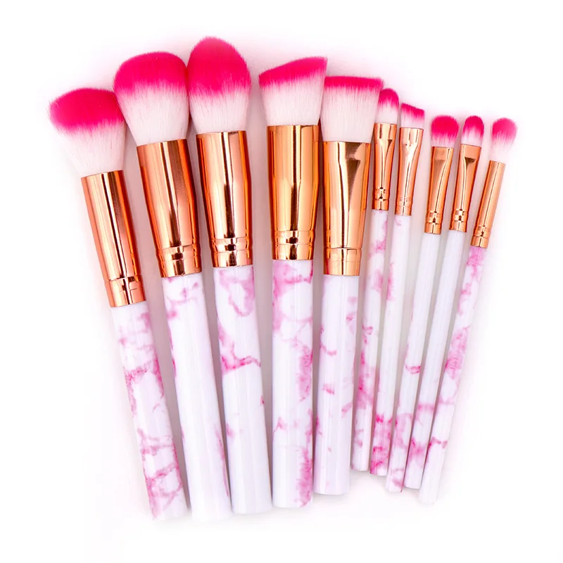 10 pcs pink rose red 10 шт./компл. Мрамор рисунком пламени кисти набор мягкий тональный крем пудра, кисть для теней на веки комплект Красота макияжные Наборы инструментов - Handle Color: 10 pcs pink rose red