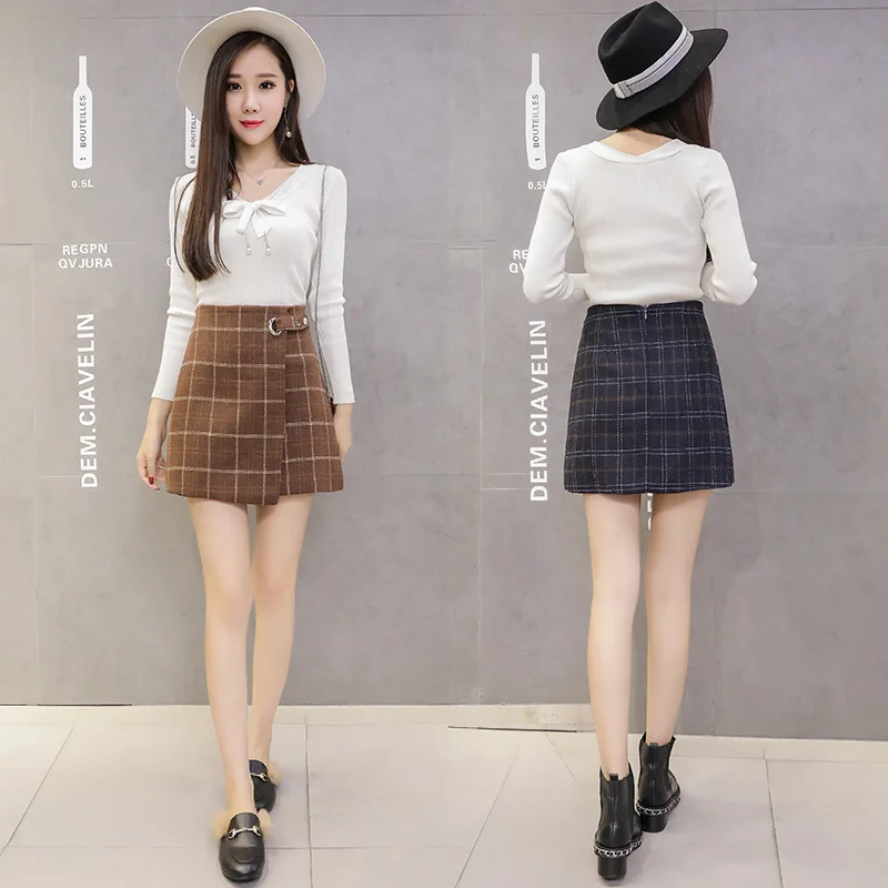 

Korean-style Vintage Woolen Plaid Skirt Women's Autumn And Winter Irregular Woolen Cloth Short Skirt Versatile Sheath A- line Sk