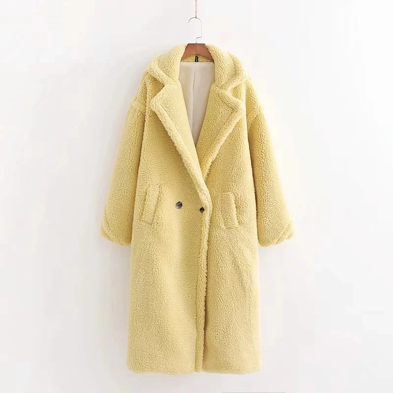 Зимнее красное розовое плюшевое пальто женское пальто из искусственного меха винтажное толстое теплое длинное зимнее пальто женское плюшевое пальто Дамская уличная одежда из овечьей шерсти - Цвет: Цвет: желтый