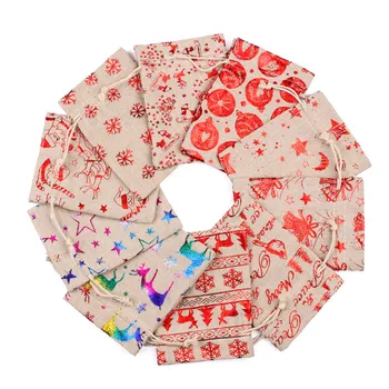 

50pcs Color Printing Elk Burlap Bag Christmas Gift Jewelry Bag Wedding Party Decoration Drawer Bag Sachet Bag