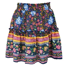 Casual Women Skirts Hot Sale Above Knee Mini Skirt 2021 Bohemian Floral Print Ruffles A-line Skirts Shirring High Waist Skirt