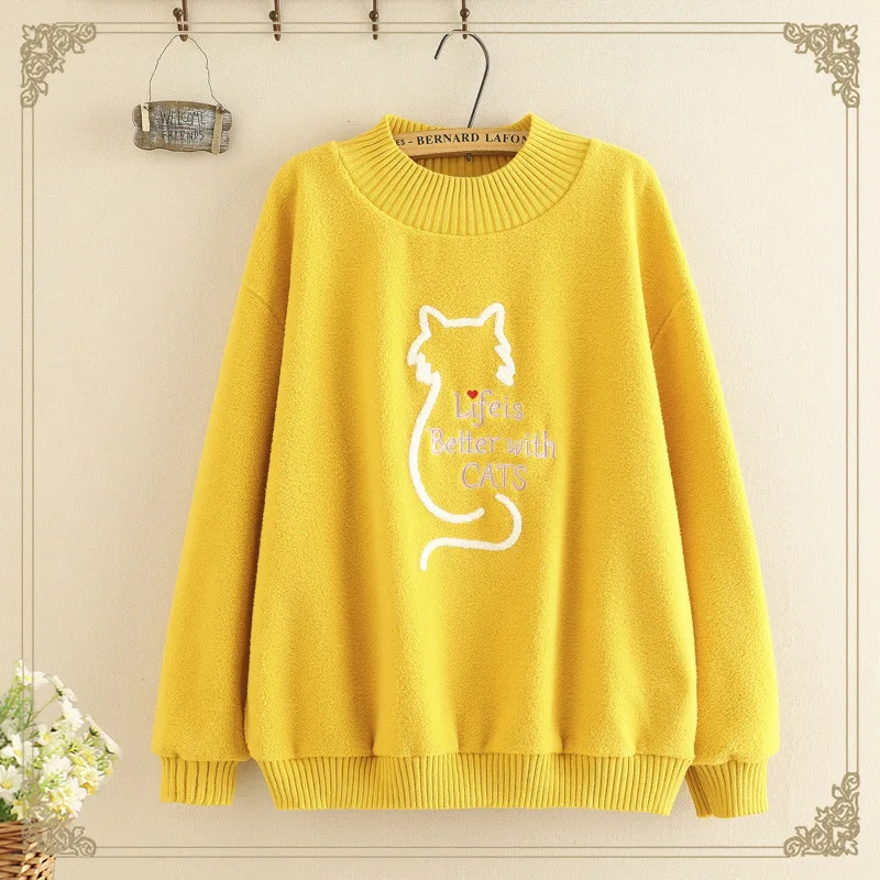 Yellow Японский небольшой свежий мультфильм Кот Вышивка толстовка с капюшоном круглый вырез с длинным рукавом женский осенний свободный студенческий пуловер Топы - Цвет: Yellow