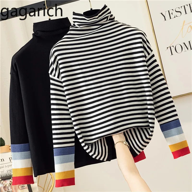 Gagarich Women Sweater High Neck Loose Korean Chic 2019 New Autumn Winter Stripe Knitting Bottom Shirt Long Sleeve Pullovers | Женская