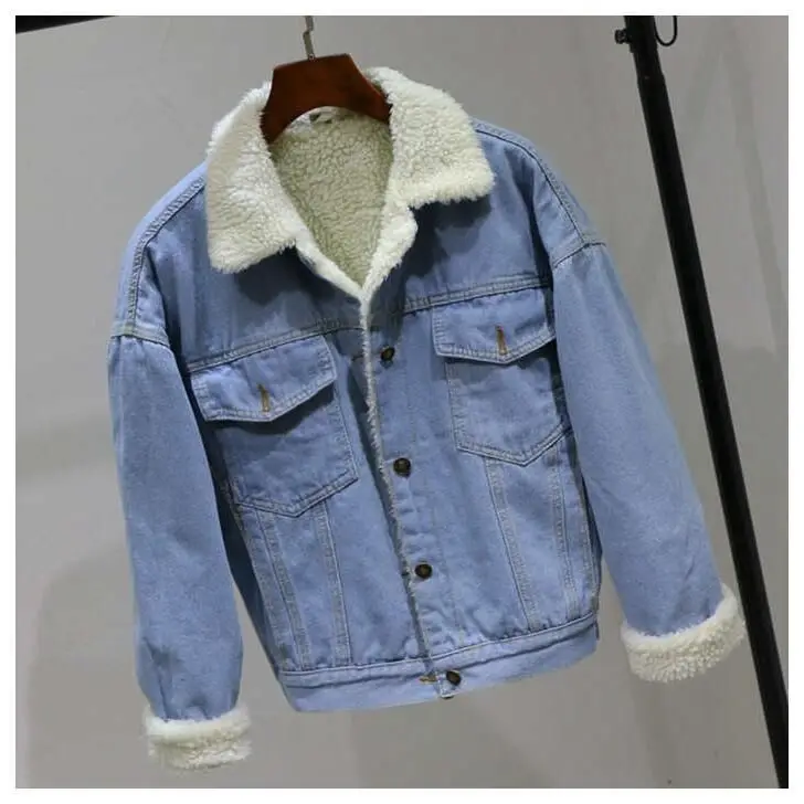 Light blue 2 Зимняя джинсовая куртка для женщин, новинка, Женская куртка-бомбер с теплой шерстяной подкладкой, джинсовое пальто, женская Вельветовая верхняя одежда, casaco feminino - Цвет: Light blue 2