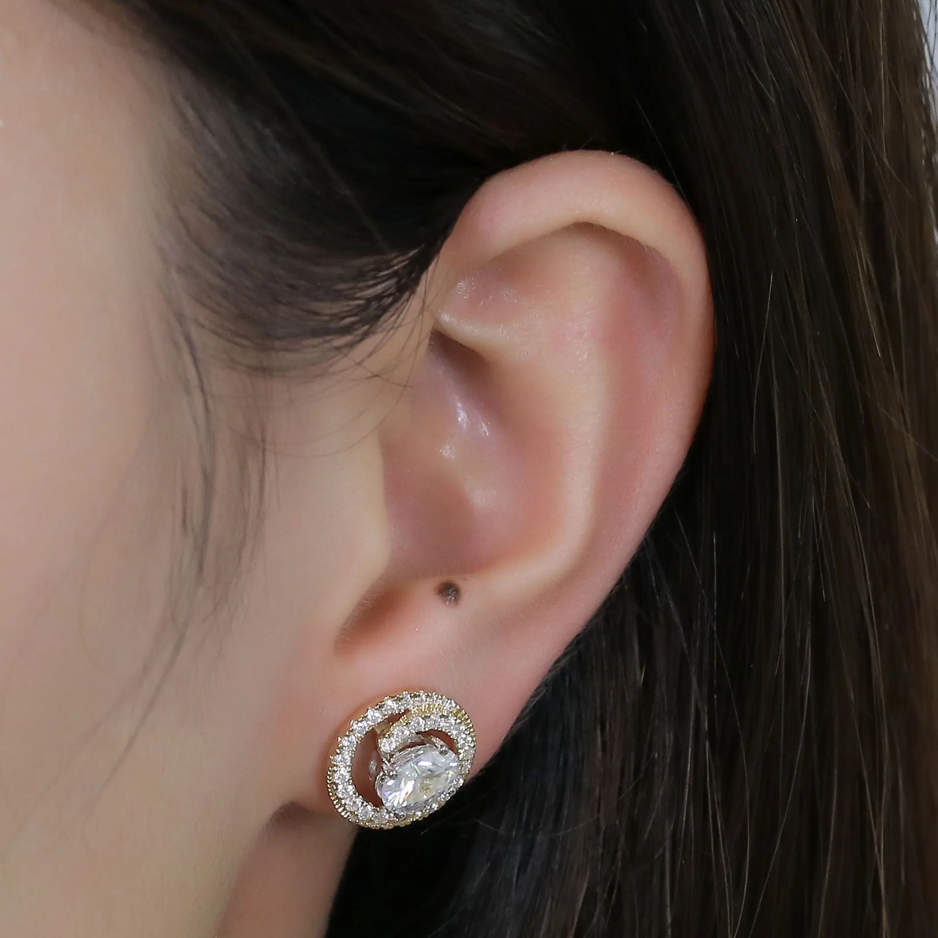 Transgems 14K White Yellow Gold Center 2ct 5*7mm Oval DEF Color Moissanite Big Stud Earrings Halo Earrings Push Back for Women