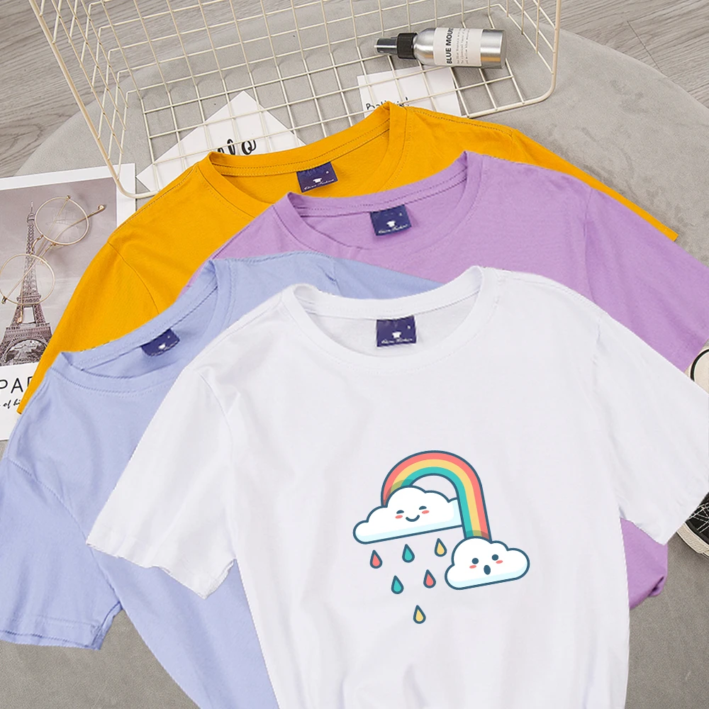 

Women Colorful Graphic T Shirt Clouds Rainbow Rain Cartoon Cute Tee Ladies Tops Seet Elegant T-shirt Female T-shirt Tees
