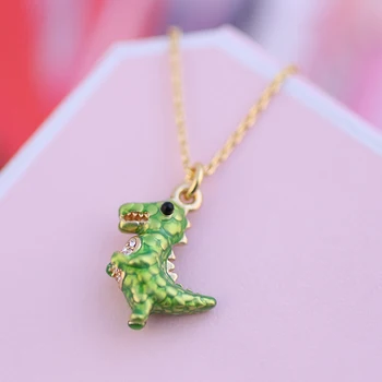 

Copper plated Enemel Green dinosaur Necklace Punk hip hop Designer Boho Gift Ins Gothic Green Cute Heart Zircon Dragon Jewelry