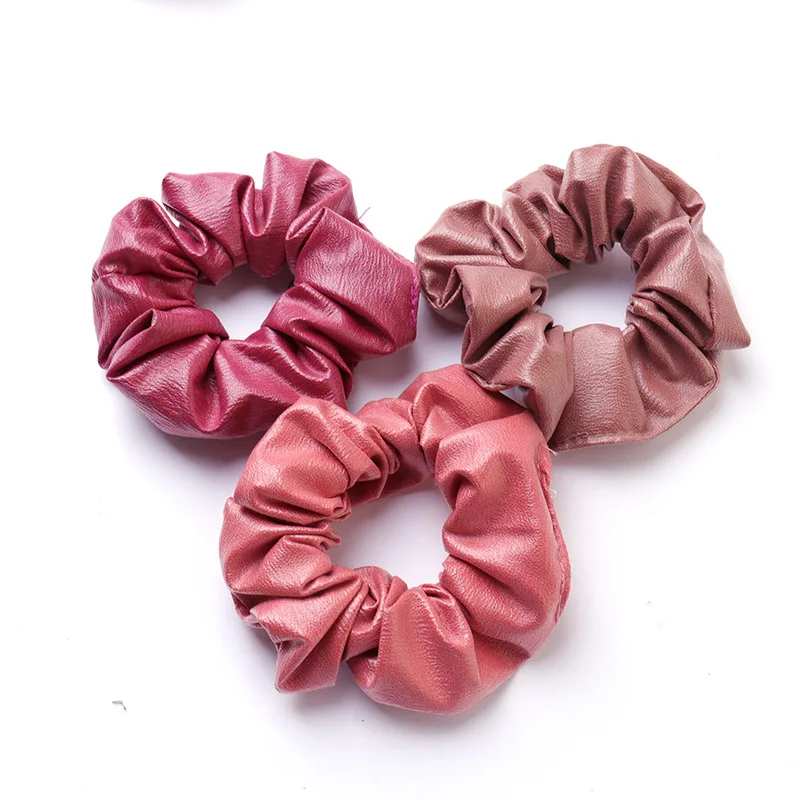 

New Design Faux Leather Elastic Hair Bands Scrunchie Solid Headwear PU Yellow Red Black Ring Elastic Hair Bands Sports Hair Tie
