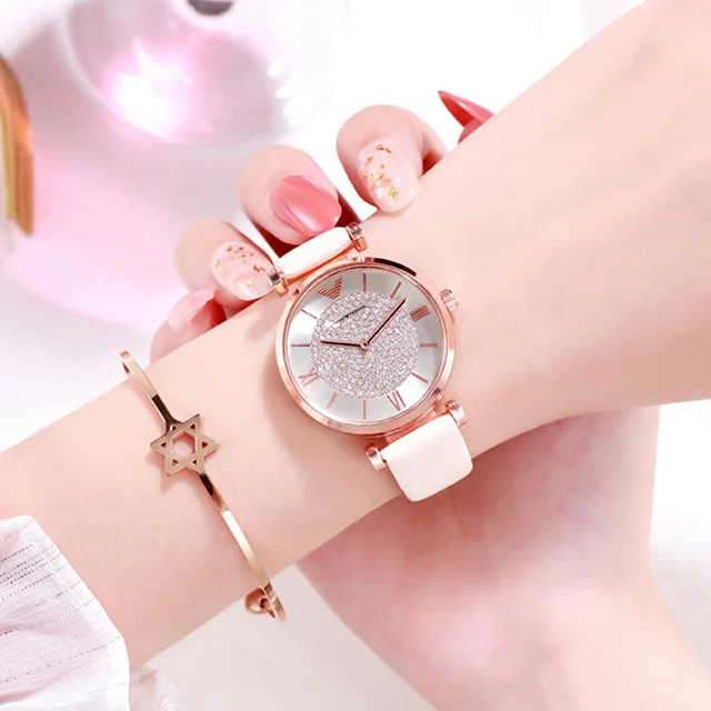 Роскошные часы для женщин Кристалл платье часы модные женские дизайнерские Montre Femme наручные часы магнитная сетка сталь Relogio Часы - Цвет: leather white