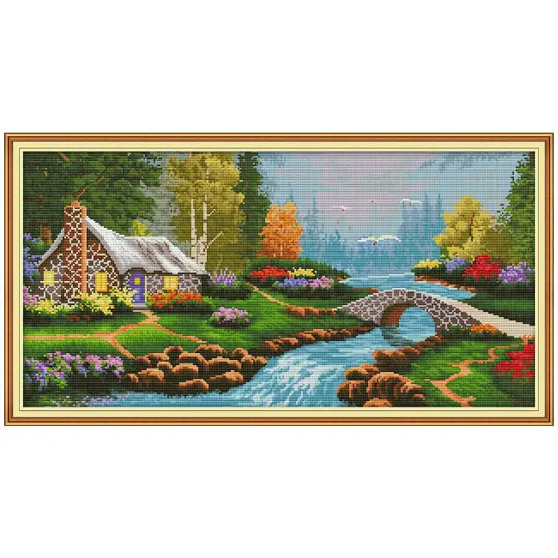 Маленький мост струящаяся вода Счетный напечатанный на холсте 11CT 14CT DIY наборы